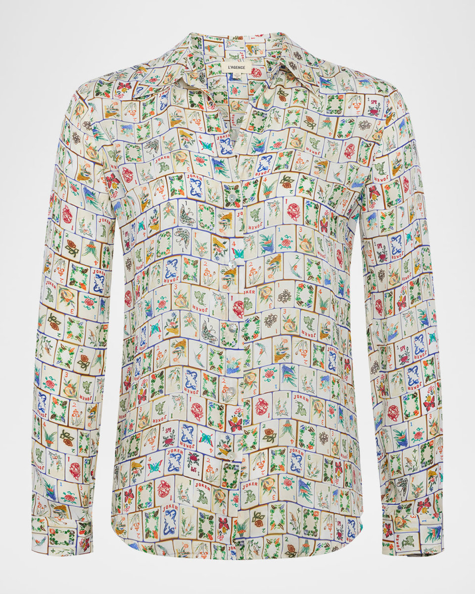 Nina Mahjong Button-Front Silk Blous
